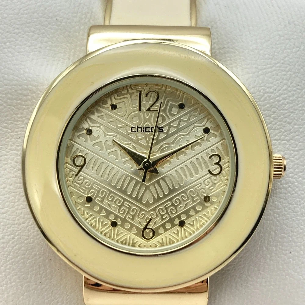 Chico's Womens Watch 35mm Gold Tone Cuff Cream Inlay Geometric New Battery 6.25